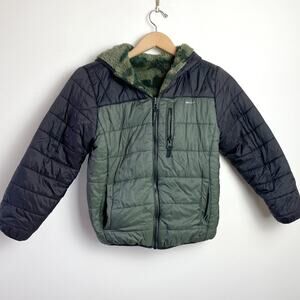 Eddie Bauer Packable Puffer Jacket Kids 7/8 Reversible Camo Green Gorpcore